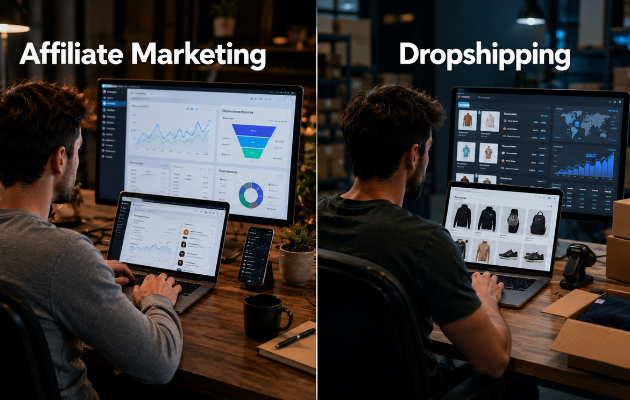 Comparison chart showing the differences between affiliate marketing and dropshipping, including costs, profit margins, customer support, and business responsibilities